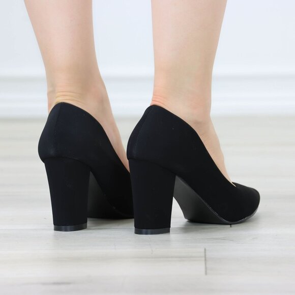 Classic Block High Heel Slip On Pointed Toe Pumps Black Nubuck - Picture 6 of 12